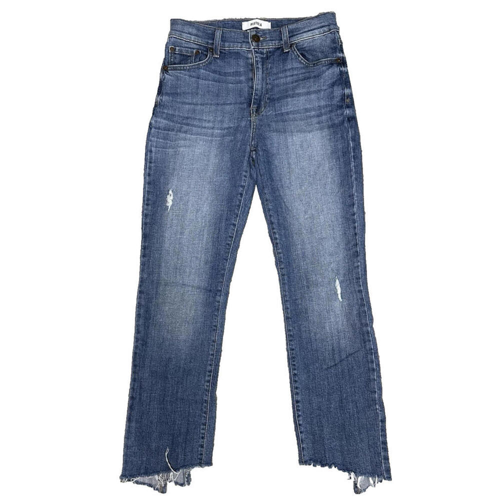 Pistola Womens Size 27 High Rise Straight Jeans Blue Denim Distressed Raw Hem